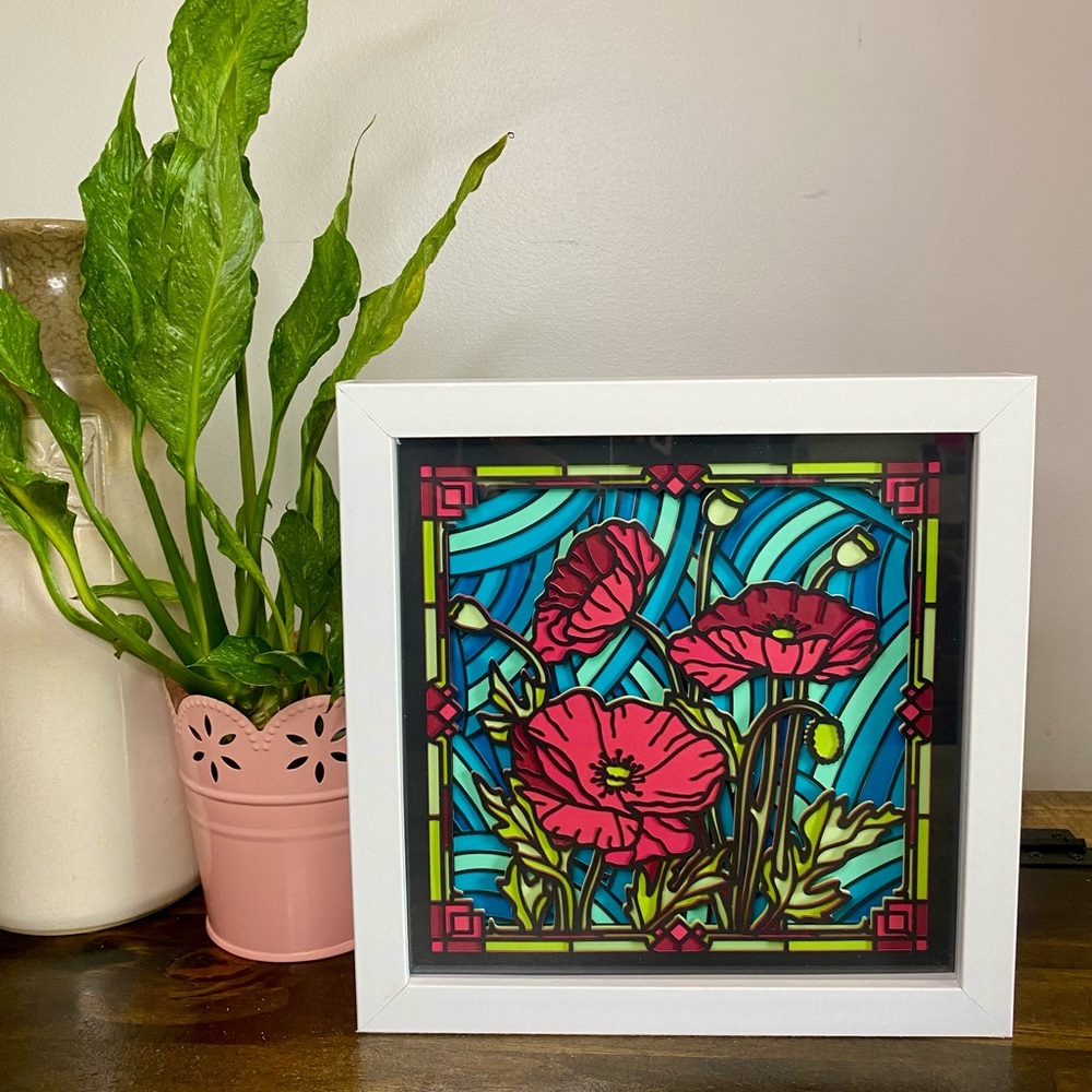 3D Stained Glass Poppy Flowers Shadowbox
